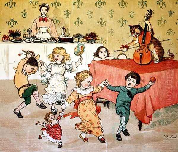 The Cat and the Fiddle and the Children's Party illustration from Hey Diddle Diddle Oil Painting by Randolph Caldecott