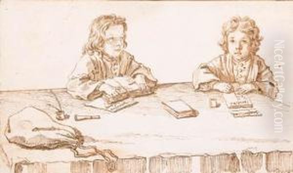 Portrait Of Serafino And Francesco Falsacapa Seated At A Table,studying And Writing by Pier Leone Ghezzi