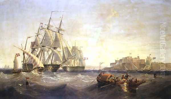 Malta, with French ship `Charlemagne' and English ship `Trafalgar' Oil Painting by James Wilson Carmichael