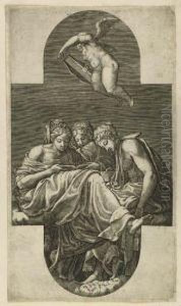 Three Muses And A Putto With A Lyre Oil Painting by Giorgio Ghisi