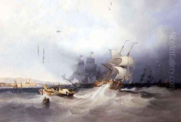 A Dutch Brig on a Port Reach and other Shipping off an East Coast Harbour Oil Painting by James Wilson Carmichael