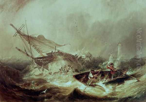 Rowing to rescue shipwrecked sailors off the Northumberland Coast Oil Painting by James Wilson Carmichael