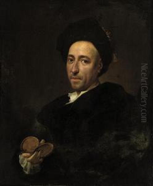 Portrait Of A Gentleman, 
Bust-length, In A Brown Coat And Cap, A Snuffbox In His Right Hand Oil Painting by Vittore Ghislandi