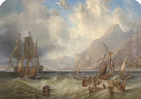 A large Second Rate passing through local small craft off Gibraltar 1858 Oil Painting by James Wilson Carmichael