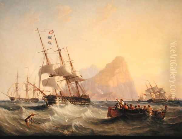 Warships Under Sail at Gibraltar, 1855 Oil Painting by James Wilson Carmichael