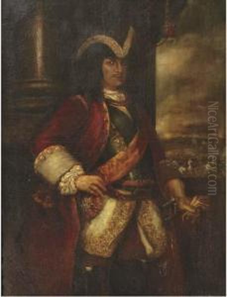 Portrait Of A Nobleman, Three-quarter-length, In Uniform, Standing In A Battlefield Oil Painting by Vittore Ghislandi