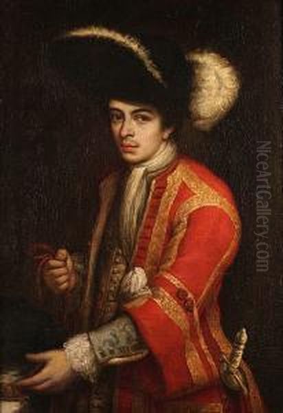 Portrait Of A Young Man, 
Standing Half-length, In A Scarlet Coat, A Plumed Hat And Holding A 
Hound On A Leash At His Side Oil Painting by Vittore Ghislandi