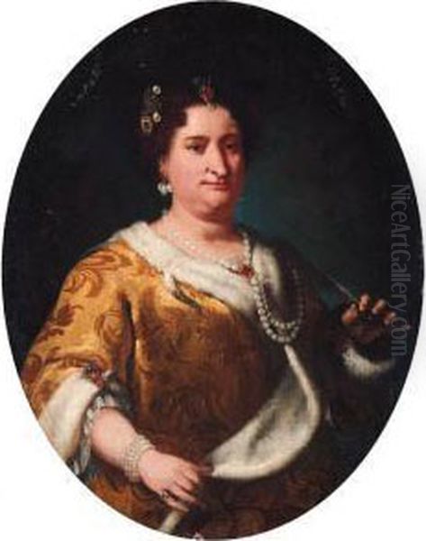 Portrait Of A Lady, Said To Be 
Contessa Maria Suardo, Half-length,wearing An Embroidered Ermine-trimmed
 Yellow Dress, Holding Afan Oil Painting by Vittore Ghislandi