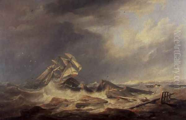 A Schooner Driven Towards Rocks Oil Painting by James Wilson Carmichael