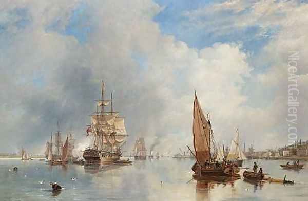 On the Thames at Woolwich, with the 'Buckinghamshire' Indiaman going down the river 1842 Oil Painting by James Wilson Carmichael