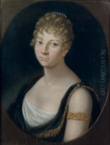 Portrait Of A Lady, Bust-length,
 In A Purple And Gold Dress And A White Chemise, Wearing Pearls In Her 
Hair Oil Painting by Felice Gianni