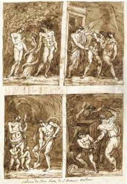 Recto: Four Biblical Scenes Verso: Decorative Designs Oil Painting by Felice Gianni