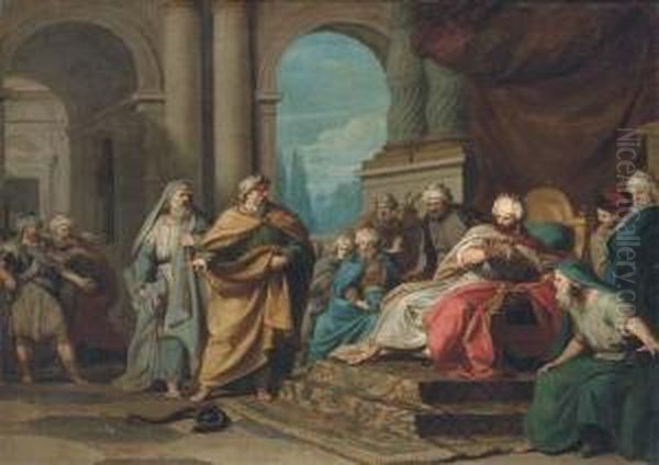 Moses Transforming His Rod Into A Snake In Front Of The Pharaoh Andhis Magicians Oil Painting by Felice Gianni