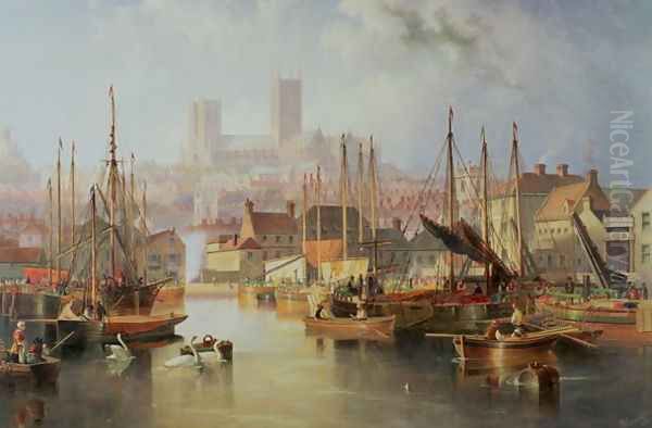 The Brayford Pool and Lincoln Cathedral Oil Painting by James Wilson Carmichael