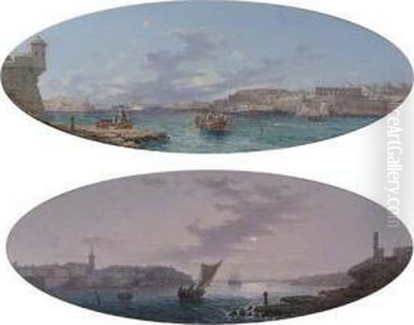 Midday, Valletta Harbour, Malta; And Evening, Vallettaharbour Oil Painting by Giovanni Giani