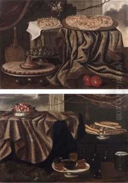 Natura Morta Con Torte, Frutta Candita, Melograne E Fiasco Di Vino Oil Painting by Antonio Gianlisi The Younger