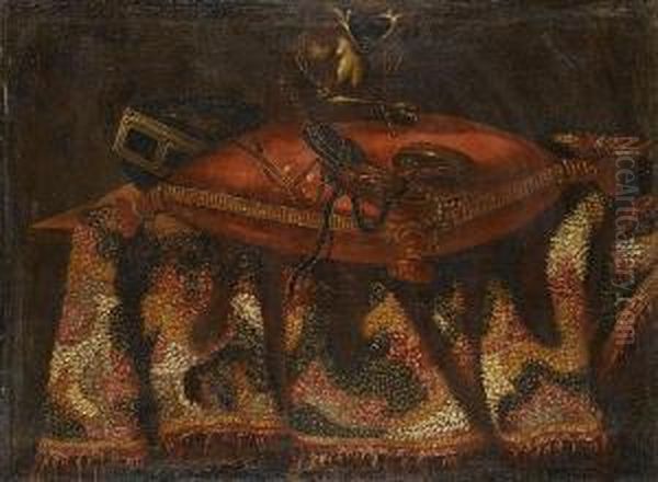 A Chained Monkey On A Cushion On A Draped Table-top Oil Painting by Antonio Gianlisi The Younger