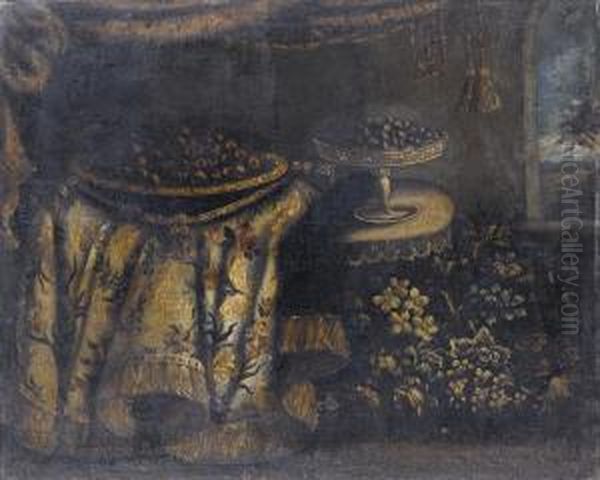 Natura Morta Con Tappeto, Piatto E Alzata Con Frutta E Fiori Oil Painting by Antonio Gianlisi The Younger