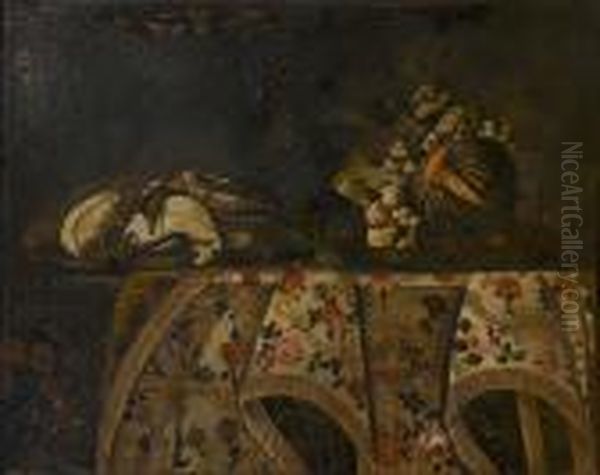 A Melon, Peaches And Grapes And A Dish Of Dead Ducks On A Table Draped With A Carpet Oil Painting by Antonio Gianlisi The Younger