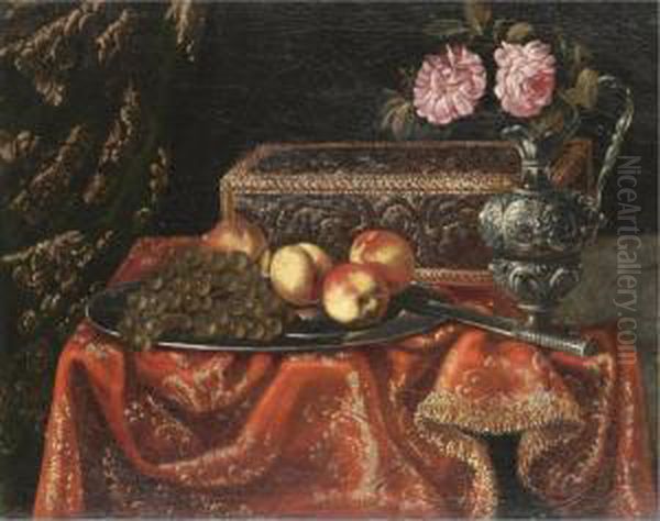 A Still Life With Grapes And 
Peaches On A Pewter Plate, Together With An Inlaid Coffer And Roses In A
 Pewter Ewer On A Table Draped With A Red Embroidered Cloth Oil Painting by Antonio Gianlisi The Younger