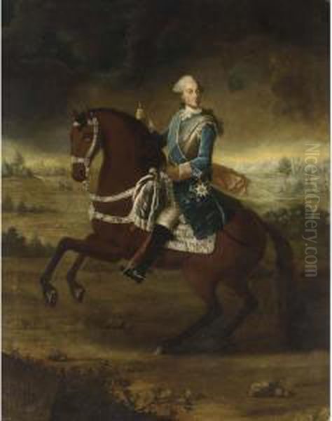 An Equastrian Portrait Of 
Kurfurst Maximilian Joseph Iii (1727-1777), Wearing The Order Of The 
Garter, A View Of Munich In The Background Oil Painting by Antonio Gianlisi The Younger