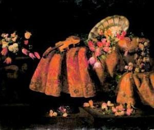 Natura Morta Con Fiori, Frutti, Stoffe Pregiate E Violino Oil Painting by Antonio Gianlisi The Younger