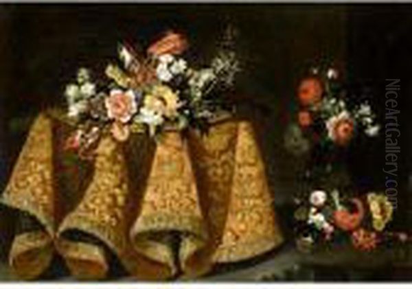 Still Life With A Bouquet Of 
Flowers On A Gold Plate On A Table Draped With A Gold Embroidered Cloth,
 A Vase Of Flowers Beyond Oil Painting by Antonio Gianlisi The Younger