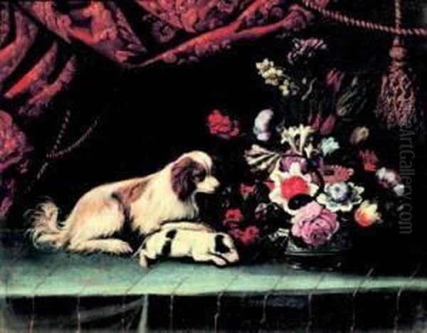 Vaso Di Fiori Con Cani Oil Painting by Antonio Gianlisi The Younger