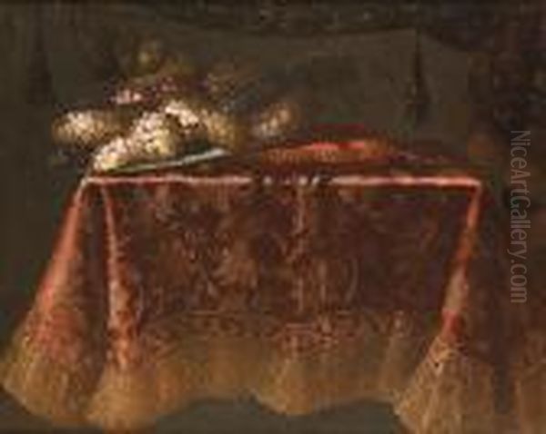 Grapes On A Silver Salver Beside
 A Cushion On A Table Draped With A Red And Gold Embroidered Cloth Oil Painting by Antonio Gianlisi The Younger