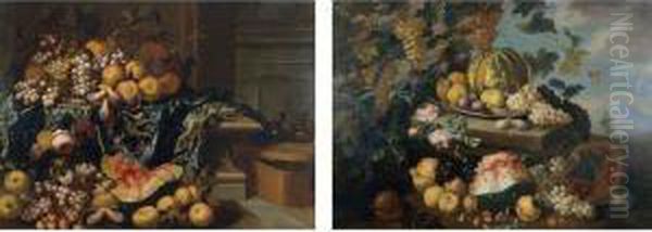 An Interior With A Still Life Of
 Peaches, Grapes, Plums, A Melon And Flowers, On A Stone Ledge Draped 
With An Embroidered Tablecloth Oil Painting by Antonio Gianlisi The Younger