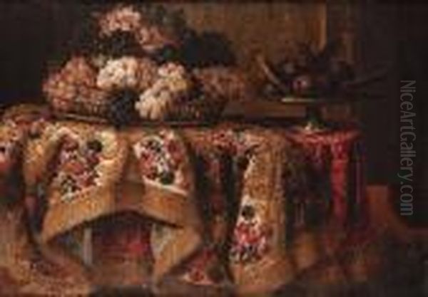 Grapes In A Basket With Sweetmeats On A Salver On A Draped Table Oil Painting by Antonio Gianlisi The Younger