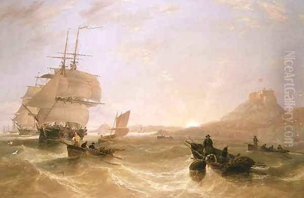 Squadron of Frigates and Fishing Vessels in a Choppy Sea off Holy Island Oil Painting by James Wilson Carmichael