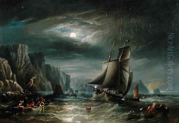 Moonlit Coastal Scene, 1840 Oil Painting by James Wilson Carmichael