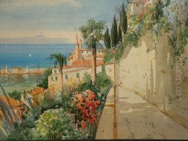 Mediterranean Coastal View With A Town In The Distance Oil Painting by Gianni