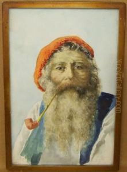 A Bearded Italian Peasant Smoking A Pipe Oil Painting by Gianni