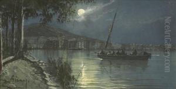 Moonlight, The Bay Of Naples Oil Painting by Gianni