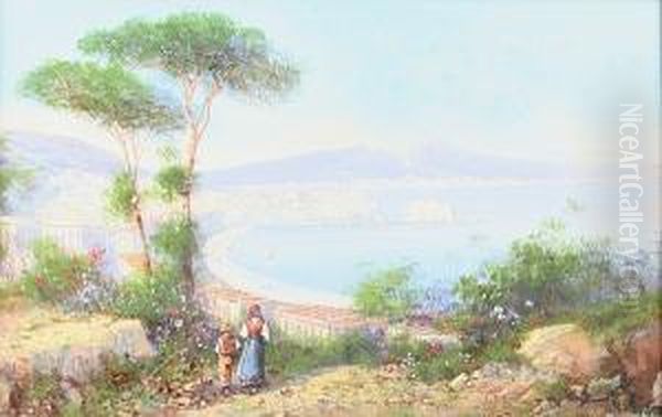 View Of Naples, And Another A Terrace Above The Bay Of Naples, A Pair Oil Painting by Gianni