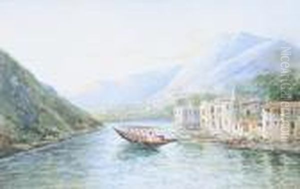 Italian River Scene With Rowing Boat Before Palaces. Oil Painting by Gianni