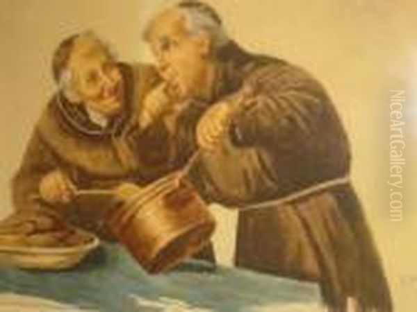 Portraits Of An Elderly Couple Reading And Two Monkscooking Oil Painting by Gianni