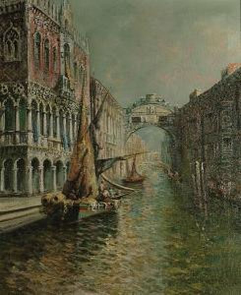 A Venetian Canal Scene Oil Painting by Gianni