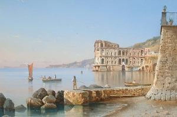 View Of An Ancient Port Town; 
View Towards Vesuvius; View Of A Cross Above The Bay Of Naples Oil Painting by Gianni