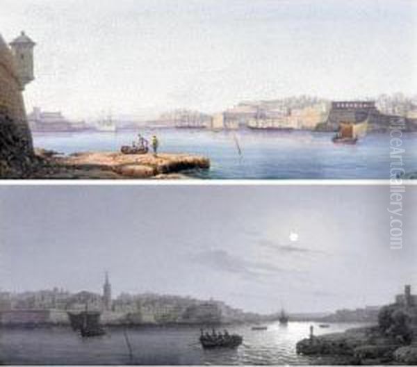 View Of Valetta Harbour; Moonlit View Of Valetta Harbour Oil Painting by Gian Gianni