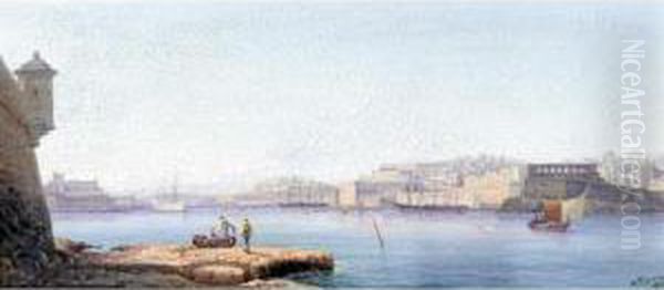 View Of Valletta Harbour; Moonlit View Of Valletta Harbour Oil Painting by Gian Gianni