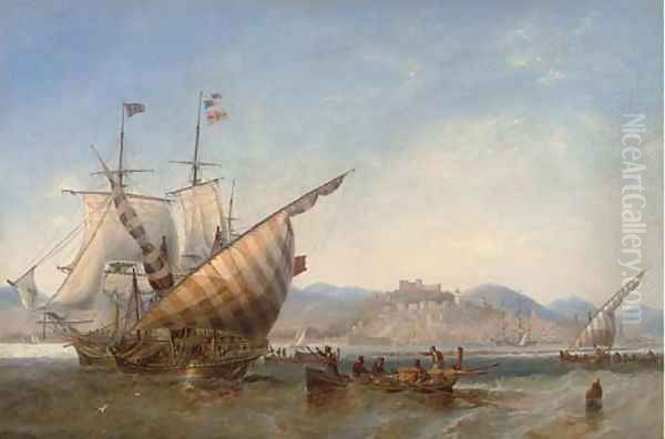 A British frigate and Mediterranean xebecs off Sidon, Lebanon Oil Painting by James Wilson Carmichael