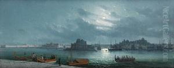 The Grand Harbour By Moonlight Oil Painting by Girolamo Gianni