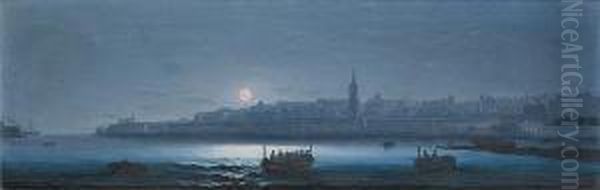 Valletta From Marsamxett Harbour At Night Oil Painting by Girolamo Gianni