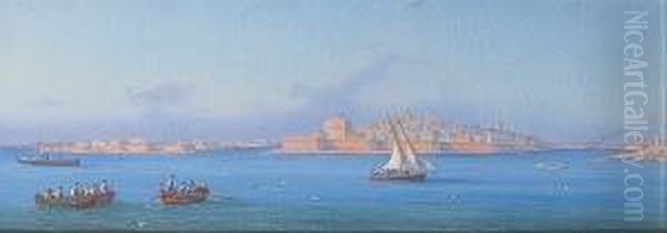 A Set Of Three Harbour Scenes, Valletta,malta Oil Painting by Girolamo Gianni