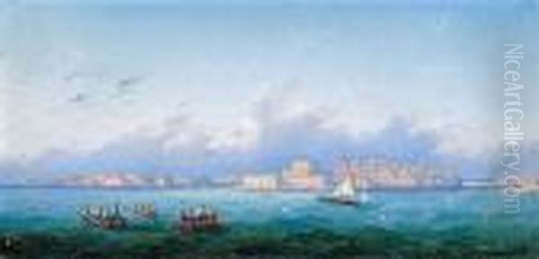 Boats Off Fort St. Elmo, Malta; A View Of St.angelo, Malta (a Pair) Oil Painting by Girolamo Gianni