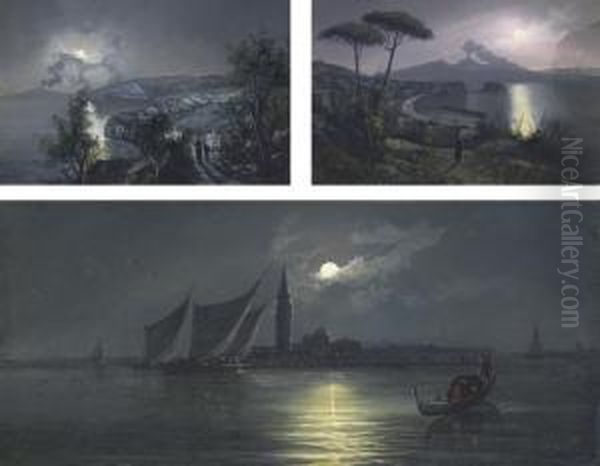 Sorrento By Moon; Bay Of Naples By Moon; And Isola Di San Giorgio, Venice By Moon Oil Painting by Girolamo Gianni