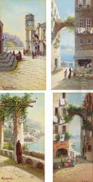 View From A Convent, Capri; Town
 Square, Capri; Flower Market With A Veiw Of Castel Del'ovo, Naples; And
 A Flower Market With A View Of Vesuvius, Naples Oil Painting by Girolamo Gianni